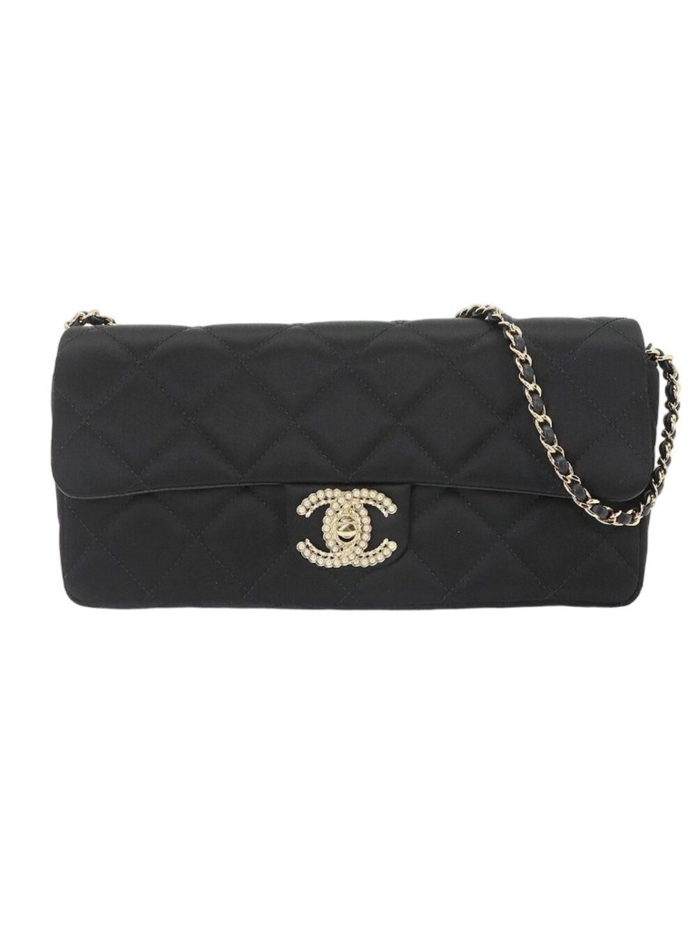 Chanel Quilted Shoulder Bag Satin Pearl Black Gold